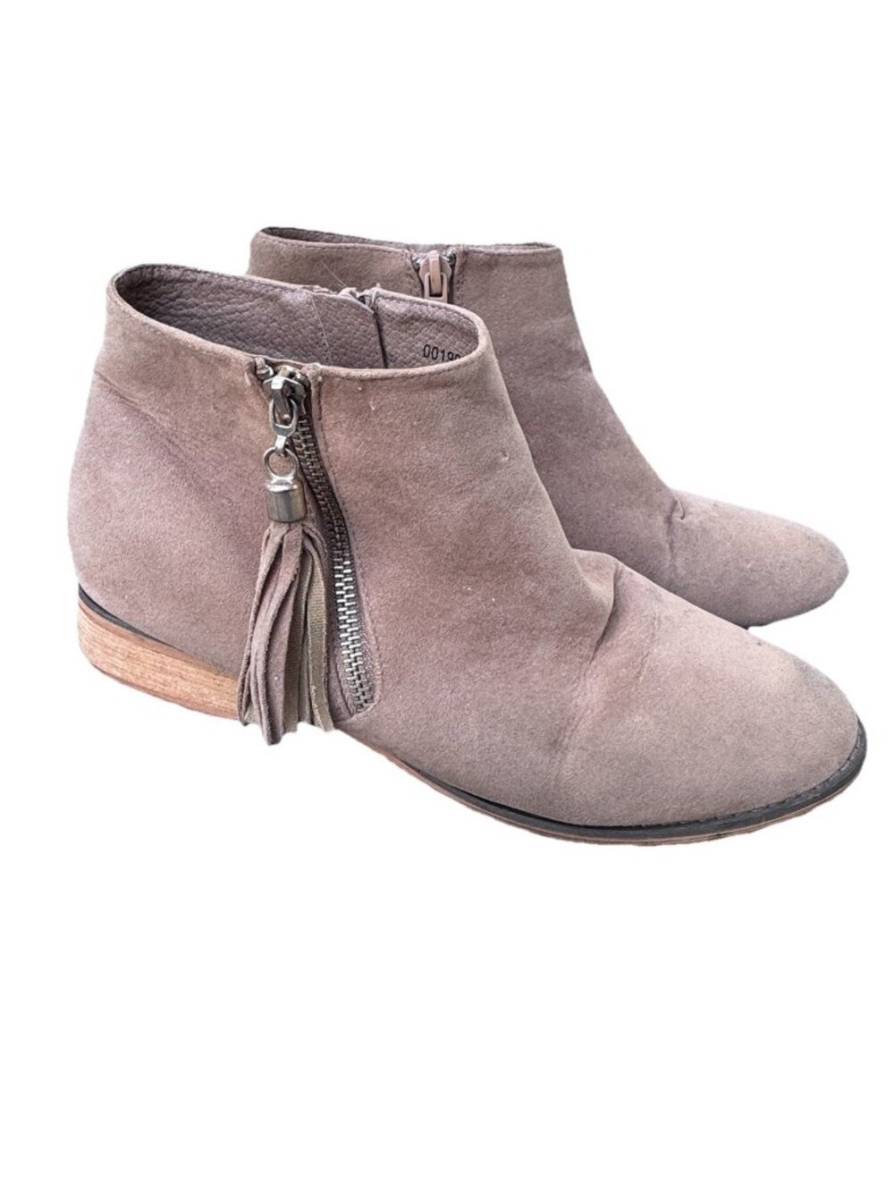 Suede Beige Tan Zipper Tassel Ankle Booties Women Size 9 Wood Heel Almond Toe